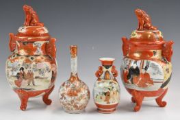 A pair of Japanese Kutani koros and two vases, tallest 24cm