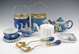 Wedgwood Jasperware biscuit barrels, salad servers and teapot stand, Copenhagen dish etc, tallest