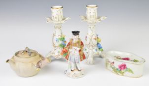 Dresden candlesticks, bisque wine pourer, Chinese porcelain cricket container / pot pourri etc,