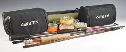 Five seperate spools with fly lines in two Greys bags, Streamtec 7' 6