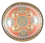 Dahl enamelled Indian shield with cushioned hand protector, diameter 27cm