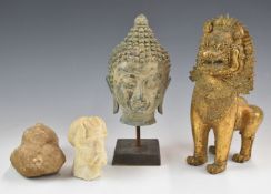 Chinese bronze Dog of Fo, cast metal Buddha bust and carved stone busts