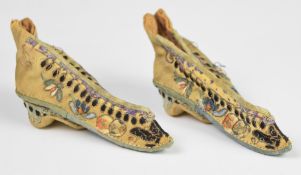 Chinese 19thC shoes for bound feet, with embroidered decoration, length 15cm