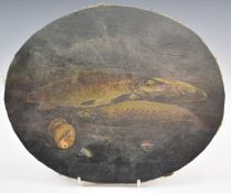 Manner of A. Roland Knight (1879-1921) oil on canvas study of fish having been caught, with flies