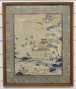 Chinese 19th / 20thC embroidery of a scholar seated in a pagoda with figure sweeping, 58 x 48cm