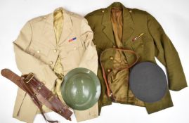 British Army Royal Artillery khaki jacket with associated buttons, Sam Browne belt, Brodie steel