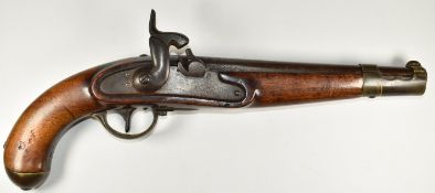 Belgian percussion hammer action holster pistol with brass trigger guard and mounts and 9.5 inch