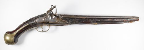 Ottoman or similar flintlock holster pistol with brass trigger guard, butt cap and mounts, all