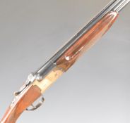 AYA Yeoman 12 bore over under ejector shotgun with named and border engraved locks, chequered semi-