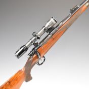 John Rigby & Co .275 bolt-action sporting rifle with chequered grip and horn tipped forend, pop-up