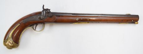 A W Spies percussion converted from flintlock hammer action pistol with engraved lock stamped 'A W