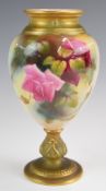 Royal Worcester pedestal vase decorated with roses and a butterfly verso, height 14cm
