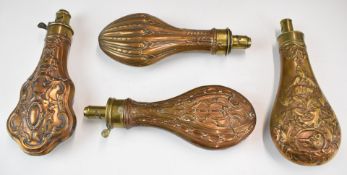 Four G & J W Hawksley copper and brass powder flasks, all with embossed decoration to both sides,
