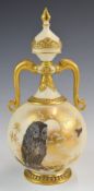 Royal Worcester covered vase decorated with an owl before a rising moon in the style of Baldwyn,