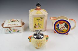 Clarice Cliff sucrier, Victorian porcelain sardine dish, chinoiserie figural biscuit barrel, Clarice