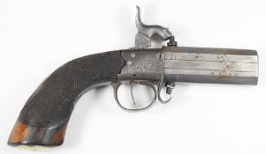 Unnamed double barrelled over and under percussion hammer action pocket pistol with engraved lock