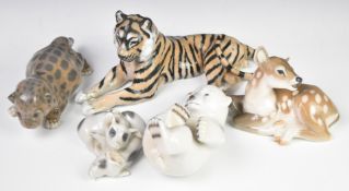 Five Copenhagen animal figures including tigress with cub, Polar Bear cub etc, tallest 14cm