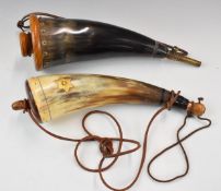 Two American Civil War type horn powder flasks with wooden and metal fittings and leather slings,