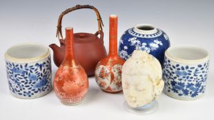 Chinese and Japanese 19th / 20thC ceramics comprising prunus ginger jar, Yixing teapot, pair of blue