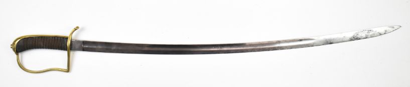 Continental sword with wire bound leather grip, brass knucklebrow and pommel and 79cm curved