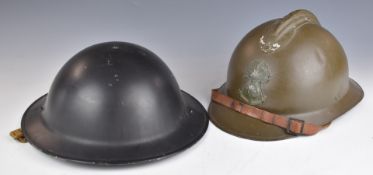 French naval 'Adrian' steel helmet together with a British 'Brodie' steel helmet stamped J341940