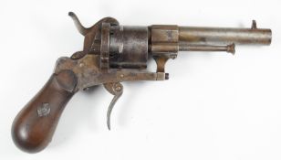 Belgian six-shot pinfire self-cocking revolver with shaped wooden grips, folding trigger and 3.5
