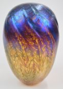 Peter Layton iridescent glass vase with orange and blue decoration, signed 'Peter Layton 1985' to