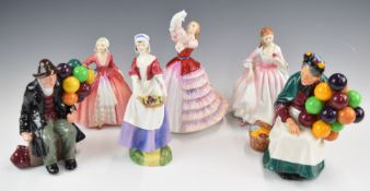 Six Royal Doulton figures and figurines comprising The Balloon Man, The Balloon Seller, Janet, Dawn,