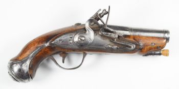 Unnamed flintlock pocket pistol with line engraved lock and hammer, steel trigger guard and butt cap