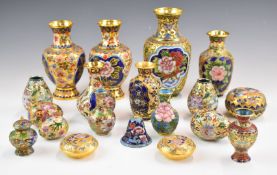 A collection of cloisonné ware with gilt decoration, tallest 17cm