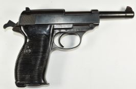 Deactivated Greman Walther P38 9mm semi-automatic pistol with reeded and shaped grip, serial