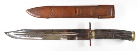 Rogers of Sheffield Bowie hunting knife with horn handle, 25cm blade and sheath. PLEASE NOTE ALL