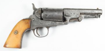 Colt style 5-shot single action revolver with bone grips, engraved cylinder and 3.75 inch engraved