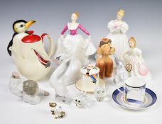 A collection of ceramics and glass including Royal Doulton figures, Copenhagen swan, Swarovski