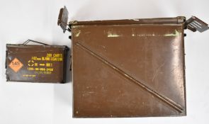 Two metal military style ammunition tins, one for 7.62 rounds, largest 47 x 22 x 37cm
