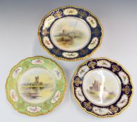 Royal Worcester signed James Stinton tazza and two plates decorated with Bothal Castle, Doune Castle