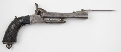 Spanish double barrelled side by side pinfire hammer action pistol with folding bayonet, chequered
