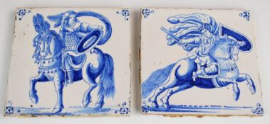 Two 18thC Delft tiles decorated with soldiers on horseback, 13 x 13cm