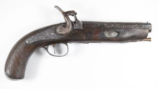 Unnamed 14 bore percussion hammer action pistol with engraved lock, trigger guard and top strap,