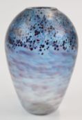 Sanders and Wallace glass vase with mottled blue decoration over clear ground, signed 'Sanders