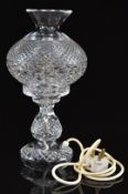 Waterford Crystal cut clear glass table lamp with original paper label to base, 55.5cm tall.