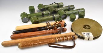 Five British Army torches together with a roll of razor wire and five batons