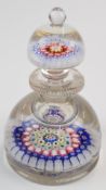 Richardson's or similar Old English millefiori glass paperweight inkwell with pink, white green