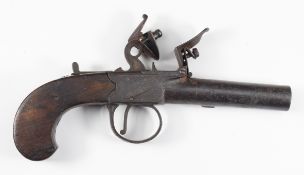 J Soper of Aldermaston flintlock pocket pistol with named lock, shaped wooden grip, thumb slide