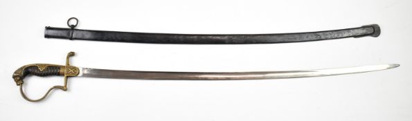 Imperial German sword with decorated and lion head pommel, 83cm curved blade and scabbard. PLEASE