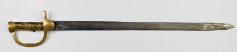 Copy Baker bayonet with brass grip and knuckle brow stamped 173 and 59cm straight blade stamped