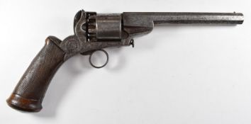Belgian 54 bore six-shot self-cocking percussion revolver with ring trigger, engraved frame and butt