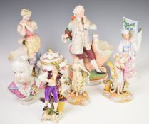 A collection of continental porcelain figures and covered jar including Volkstedt, Dresden etc,