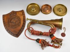 Three pieces of trench art fashioned from shell bases, two dated 1916 together with a bugle with