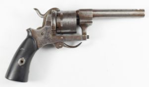 Belgian six-shot pinfire self-cocking revolver with shaped wooden grips, folding trigger and 3.5